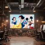 Large screen showing endless loop of AI Disney animations with warm lighting and vintage memorabilia.