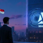 Suit person standing overlooking cityscape with Meta logo and Singapore flag on building and code vortex.