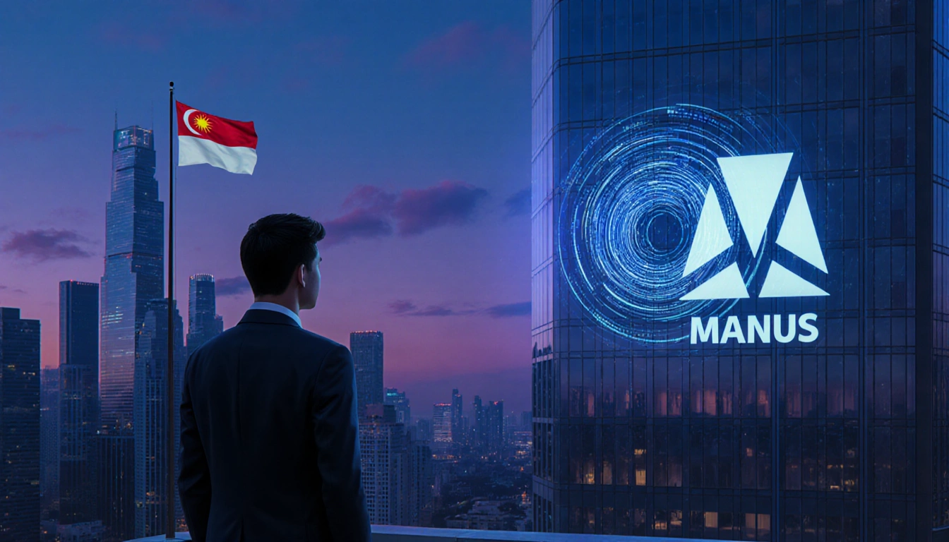 Suit person standing overlooking cityscape with Meta logo and Singapore flag on building and code vortex.