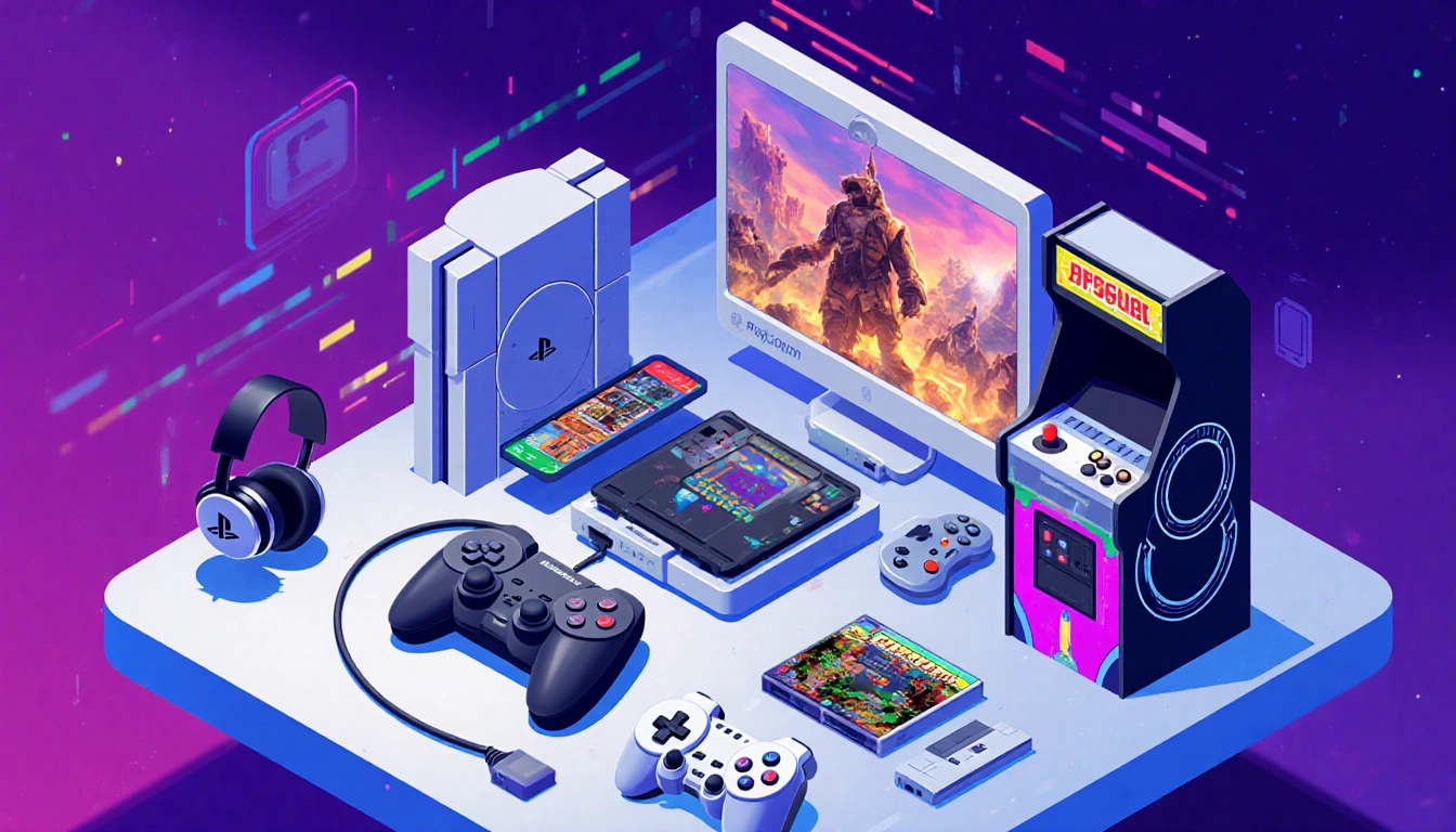 Gaming setup displaying futuristic console and retro arcade machine and streaming device with vibrant colors
