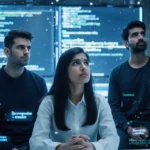 Engineer sits with head in hands amid flickering AI code screens while CEOs look up in futuristic office lit by blue LED glow