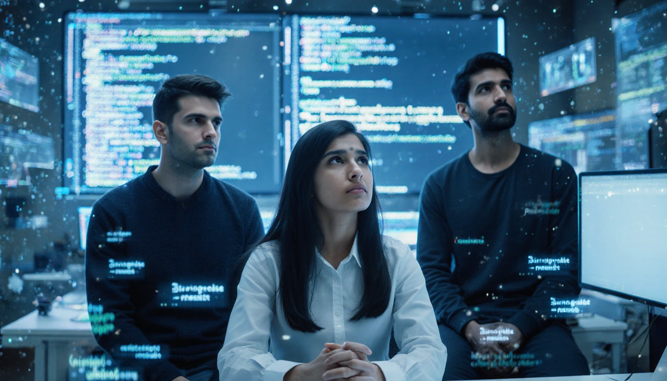 Engineer sits with head in hands amid flickering AI code screens while CEOs look up in futuristic office lit by blue LED glow