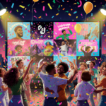 People dancing with confetti and neon lights over futuristic cityscape.