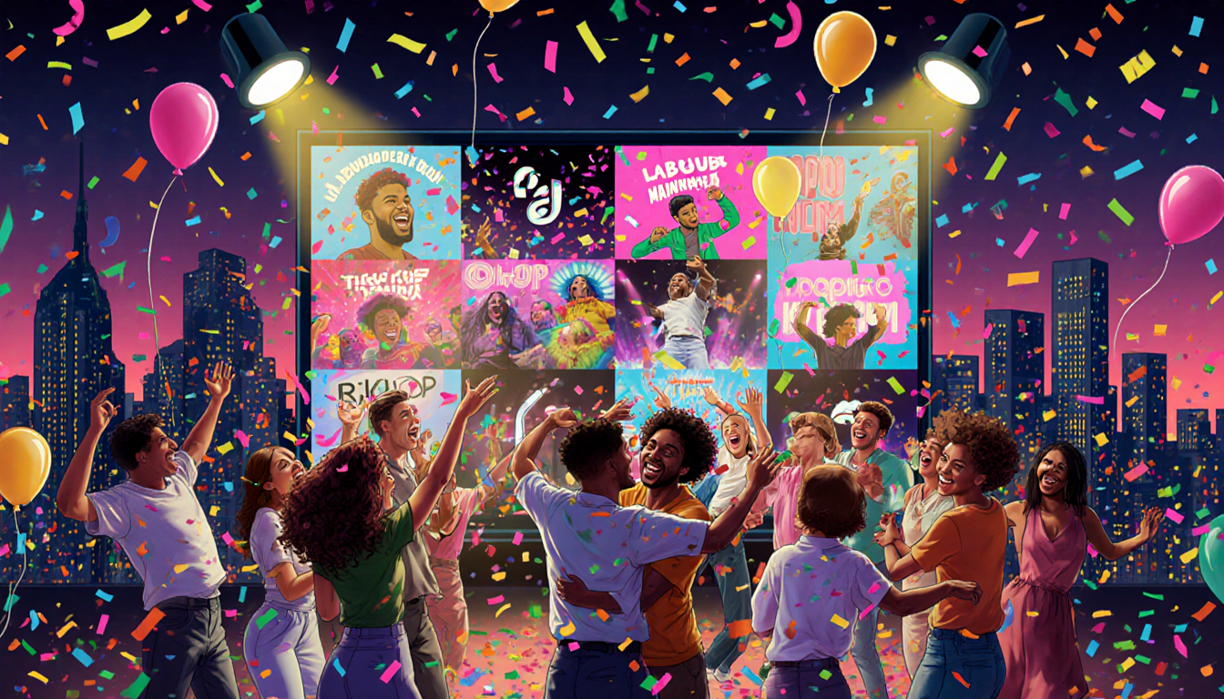 People dancing with confetti and neon lights over futuristic cityscape.