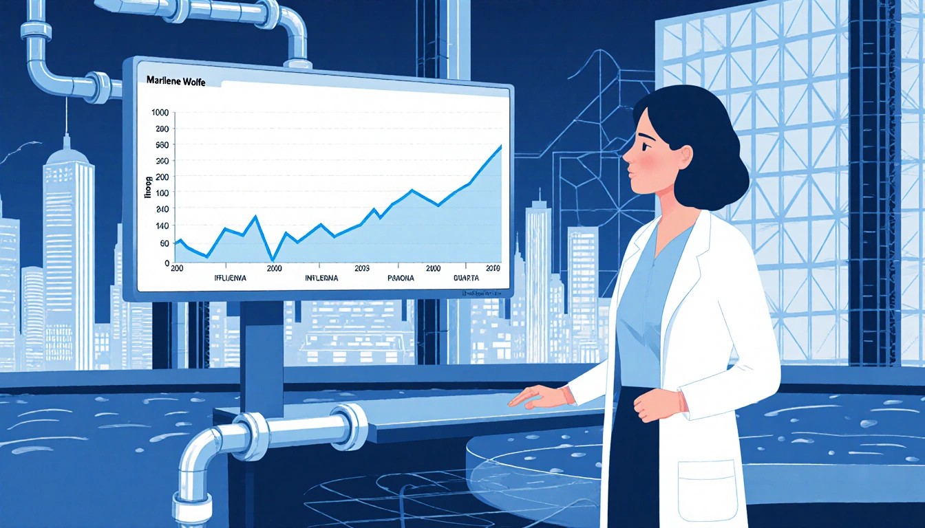 Scientist monitors rising influenza levels on a computer screen with wastewater plant and cityscape with water pipe grid.