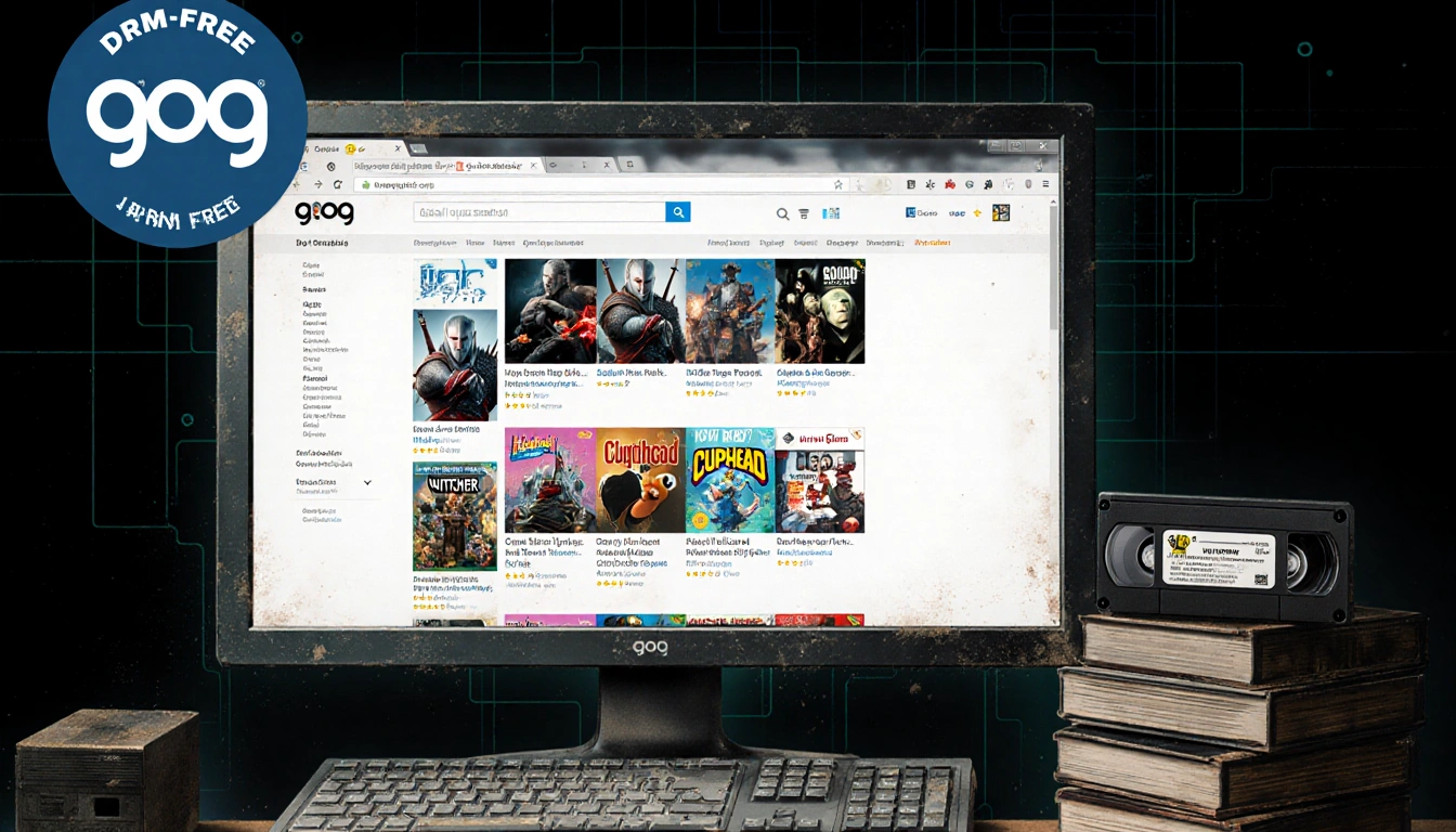 Computer screen showing games with GOG logo and dusty vintage PC background