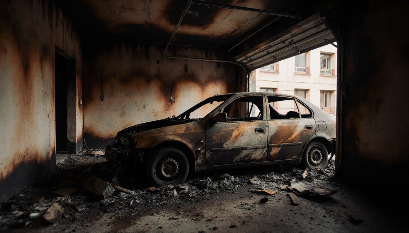 Partially burned vehicle standing in charred garage with scorch marks and debris scattered