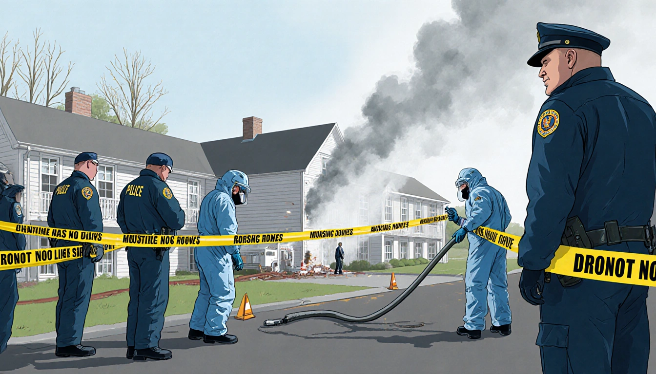 Investigators in hazmat suits examining a damaged gas line with police and firefighters and yellow tape cordoning the area