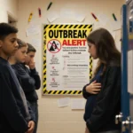 Students holding their stomachs in a school hallway with an Outbreak Alert poster in the background