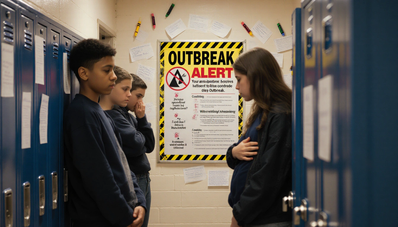 Students holding their stomachs in a school hallway with an Outbreak Alert poster in the background