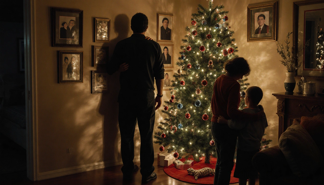 Christmas tree stands center with askew ornaments and family photos casting warm nostalgic glow with faint shadow of Garcia.
