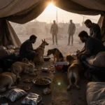 Dogs and cats huddle in a makeshift shelter tent with weary workers sharing food and war sirens echoing in background