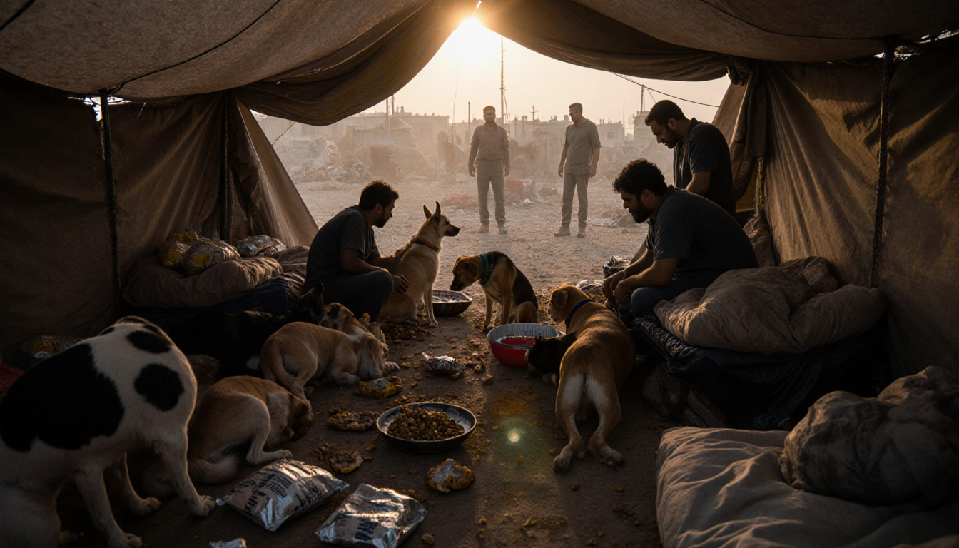 Dogs and cats huddle in a makeshift shelter tent with weary workers sharing food and war sirens echoing in background
