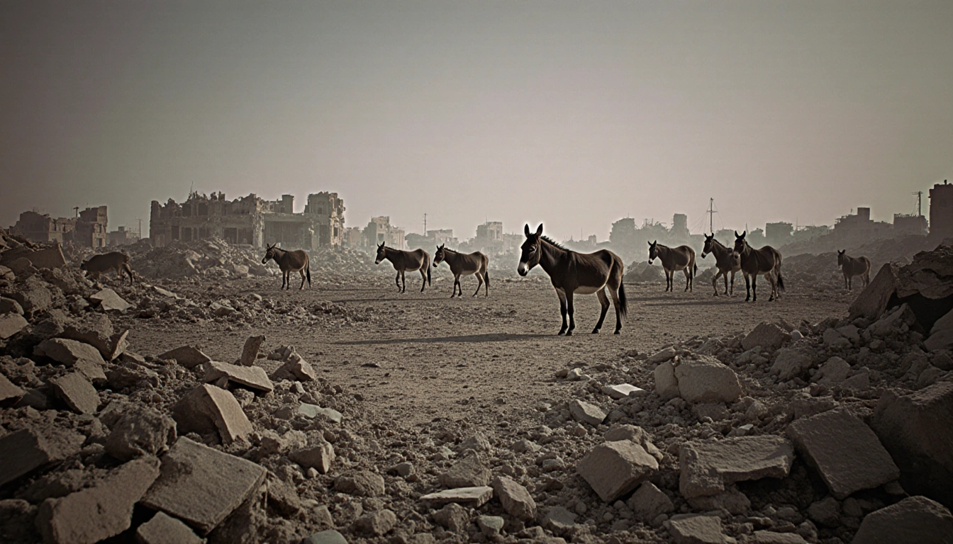 Donkeys and horses surviving amid rubble with desolate colors and broken buildings