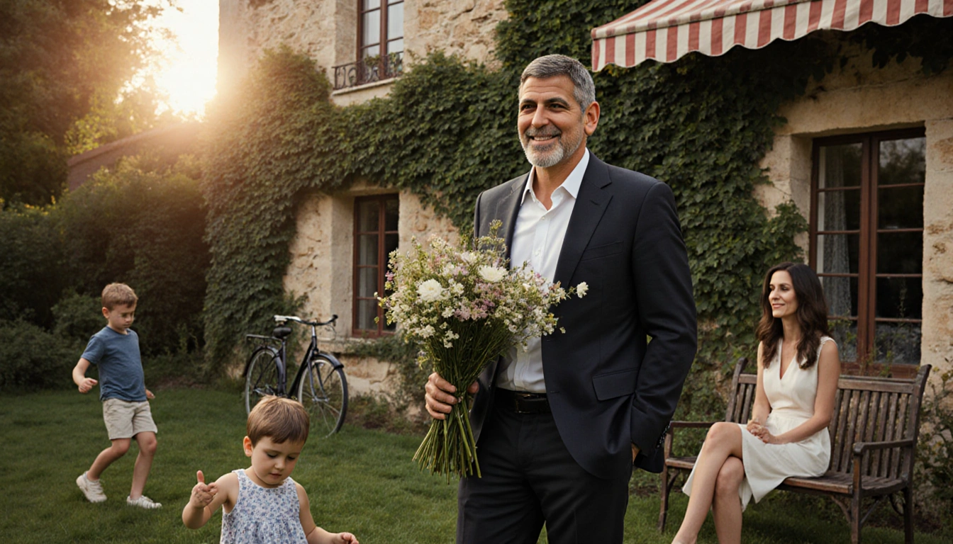 George Clooney standing holding a bouquet of fresh flowers with rustic French stone façade and garden activity.