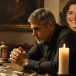 George Clooney sits with hands clasped on a rustic table illuminated by a candle and a worn leather armchair.