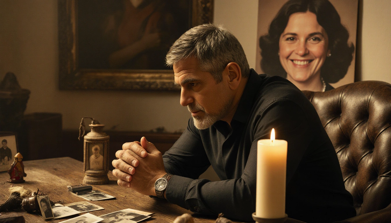 George Clooney sits with hands clasped on a rustic table illuminated by a candle and a worn leather armchair.