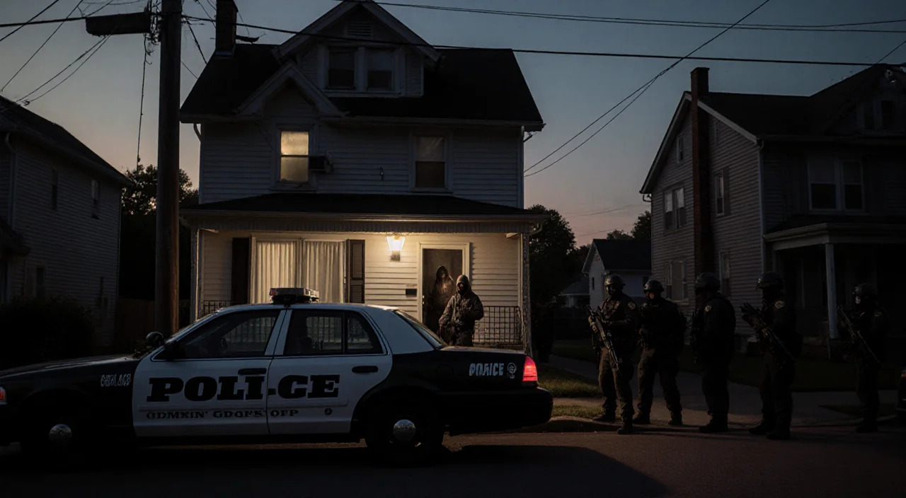 SWAT team surrounds house with police car parked and hooded figure holding rifle.