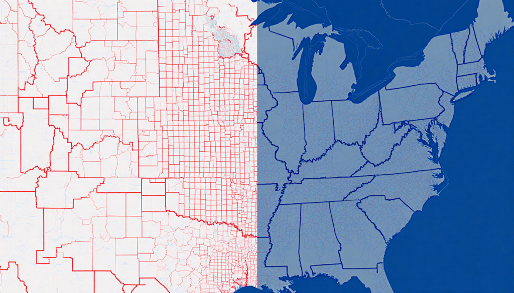 Split-screen depicts two congressional districts with bright red lines and muted gray shading to highlight partisan divide.