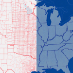 Split-screen depicts two congressional districts with bright red lines and muted gray shading to highlight partisan divide.