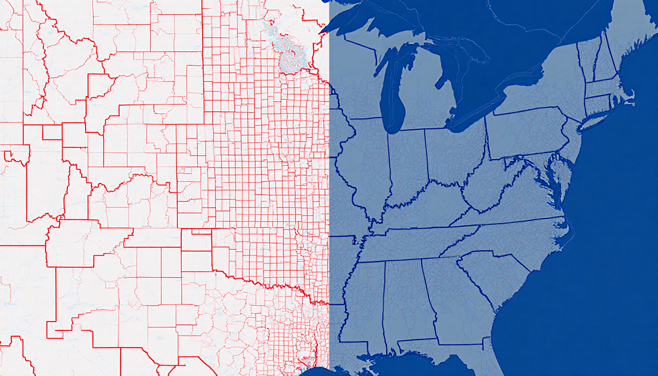 Split-screen depicts two congressional districts with bright red lines and muted gray shading to highlight partisan divide.