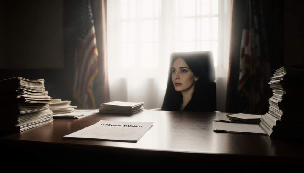 Courtroom desk with files and a sheet titled Ghislaine Maxwell with a faint Maxwell face hidden among stacks in window light