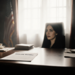 Courtroom desk with files and a sheet titled Ghislaine Maxwell with a faint Maxwell face hidden among stacks in window light