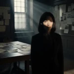 Woman standing in front of dimly lit courtroom with flickering fluorescent light and large wooden table.