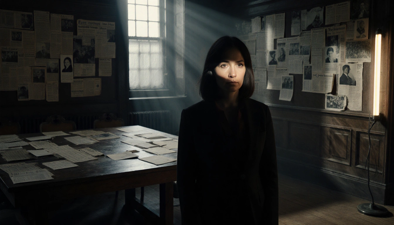 Woman standing in front of dimly lit courtroom with flickering fluorescent light and large wooden table.