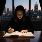 Ghislaine Maxwell holding a pen while reading papers on a mahogany desk with a dusk cityscape visible through the window behi