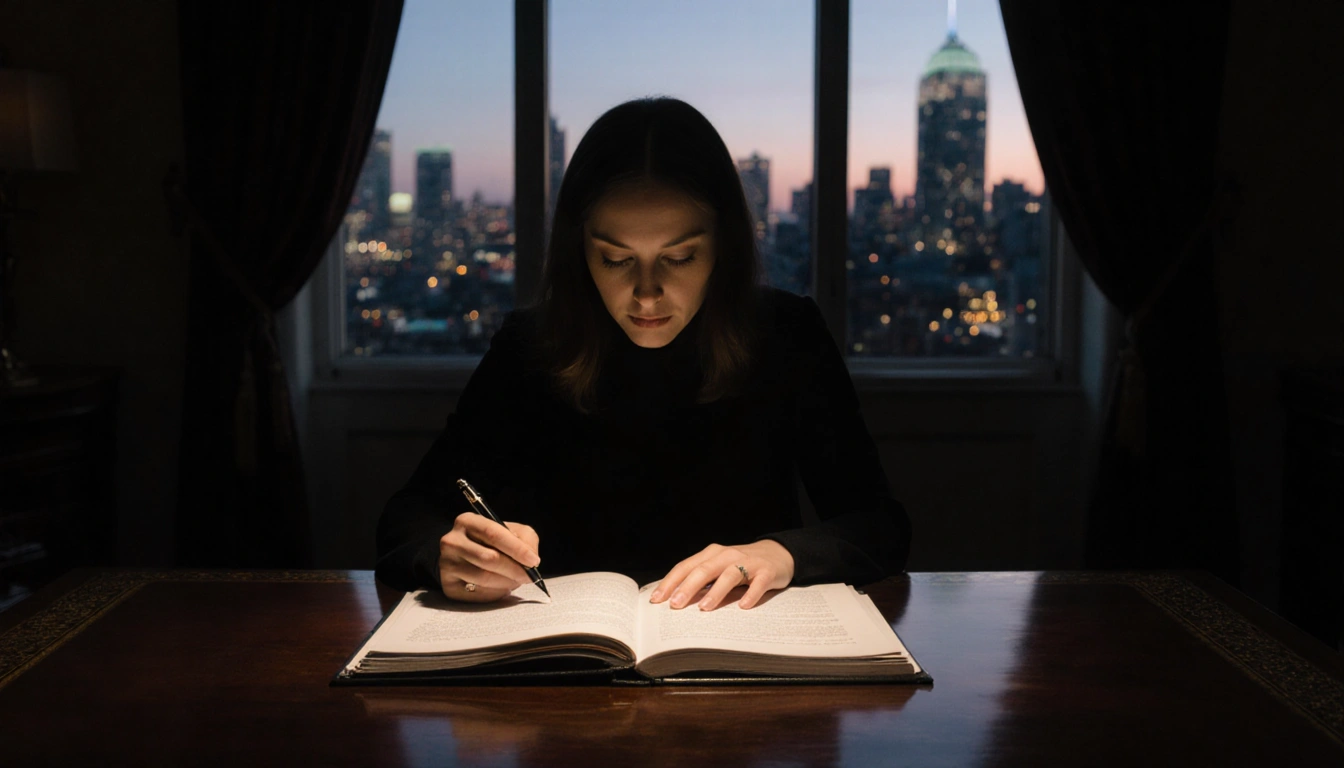 Ghislaine Maxwell holding a pen while reading papers on a mahogany desk with a dusk cityscape visible through the window behi