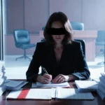 Maxwell cradles a pen while writing with stacks of sealed court papers and a dim courtroom backdrop.