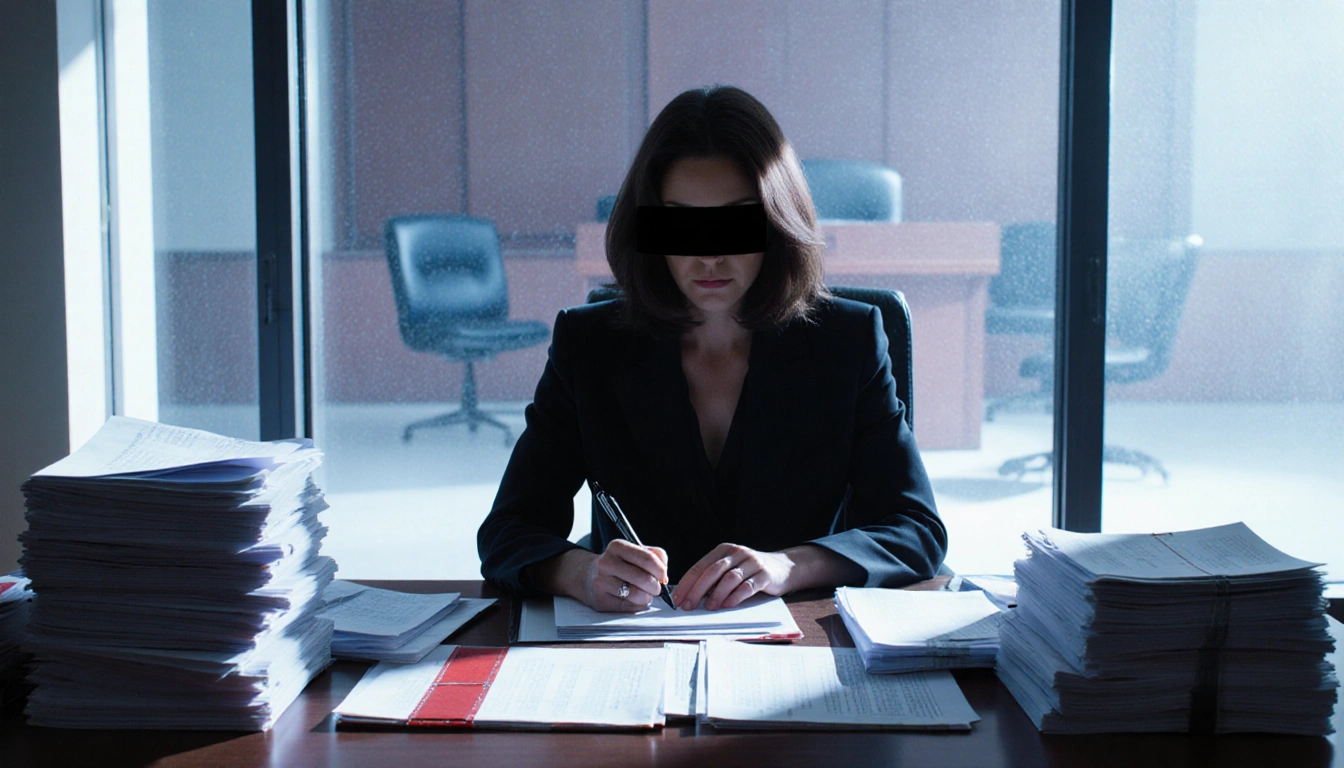 Maxwell cradles a pen while writing with stacks of sealed court papers and a dim courtroom backdrop.