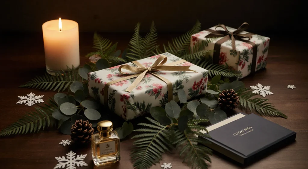 Gift wrapped present nestled among eucalyptus with soft candle glow and snowflakes creating serene winter indulgence