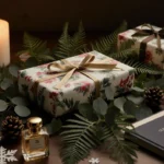 Gift wrapped present nestled among eucalyptus with soft candle glow and snowflakes creating serene winter indulgence