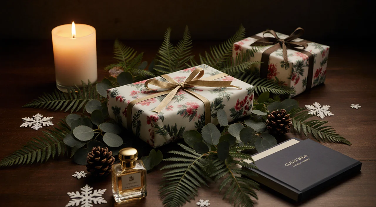 Gift wrapped present nestled among eucalyptus with soft candle glow and snowflakes creating serene winter indulgence