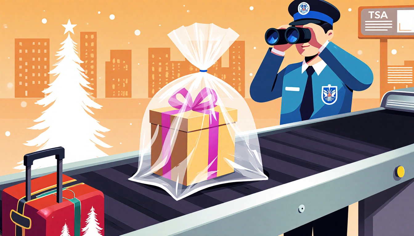 TSA agent inspecting gift with X‑ray machine and holiday backdrop