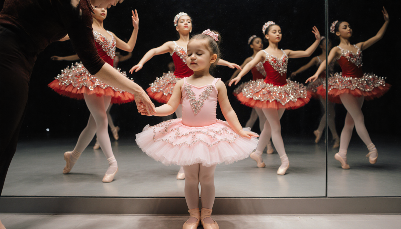 Girl practicing ballet in pink tutu with mirror showing Rockettes formation guiding her hand