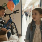 Girl standing excitedly looking at brother smiling with open bike box and balloons in a school hallway