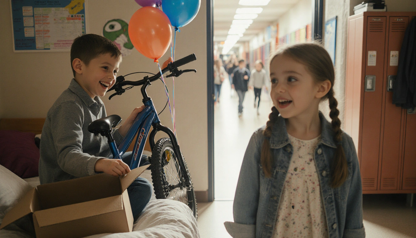 Girl standing excitedly looking at brother smiling with open bike box and balloons in a school hallway