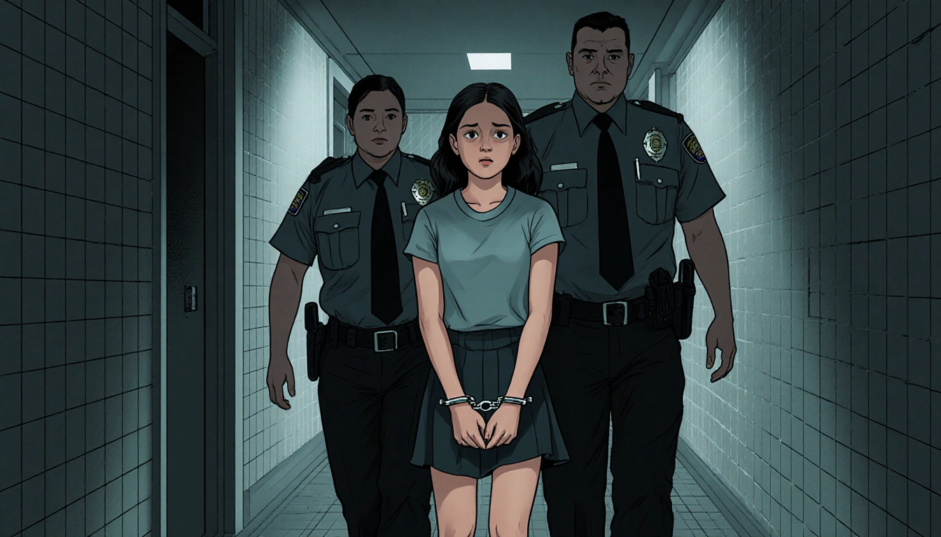 Young girl being led away by forensic officers with cuffs on her hands and fearful expression in corridor with a grid pattern