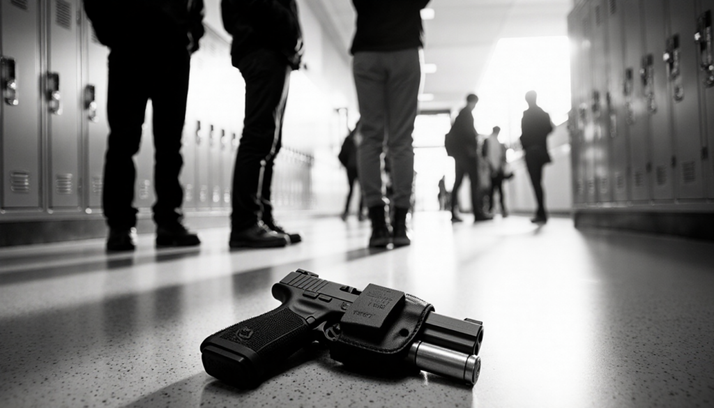 Three teenagers standing in line looking away with a handgun in a holster on the hallway floor and lockers in background.