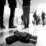 Three teenagers standing in line looking away with a handgun in a holster on the hallway floor and lockers in background.
