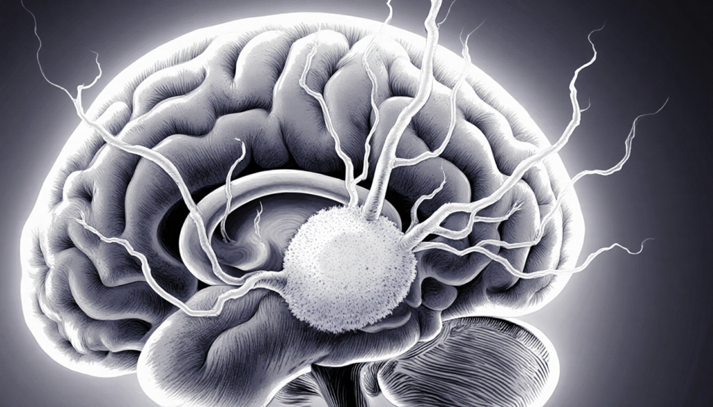 Tumor expanding within skull with irregular tendrils spreading toward swirling frontal lobe illustrating glioblastoma