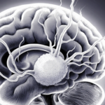 Tumor expanding within skull with irregular tendrils spreading toward swirling frontal lobe illustrating glioblastoma