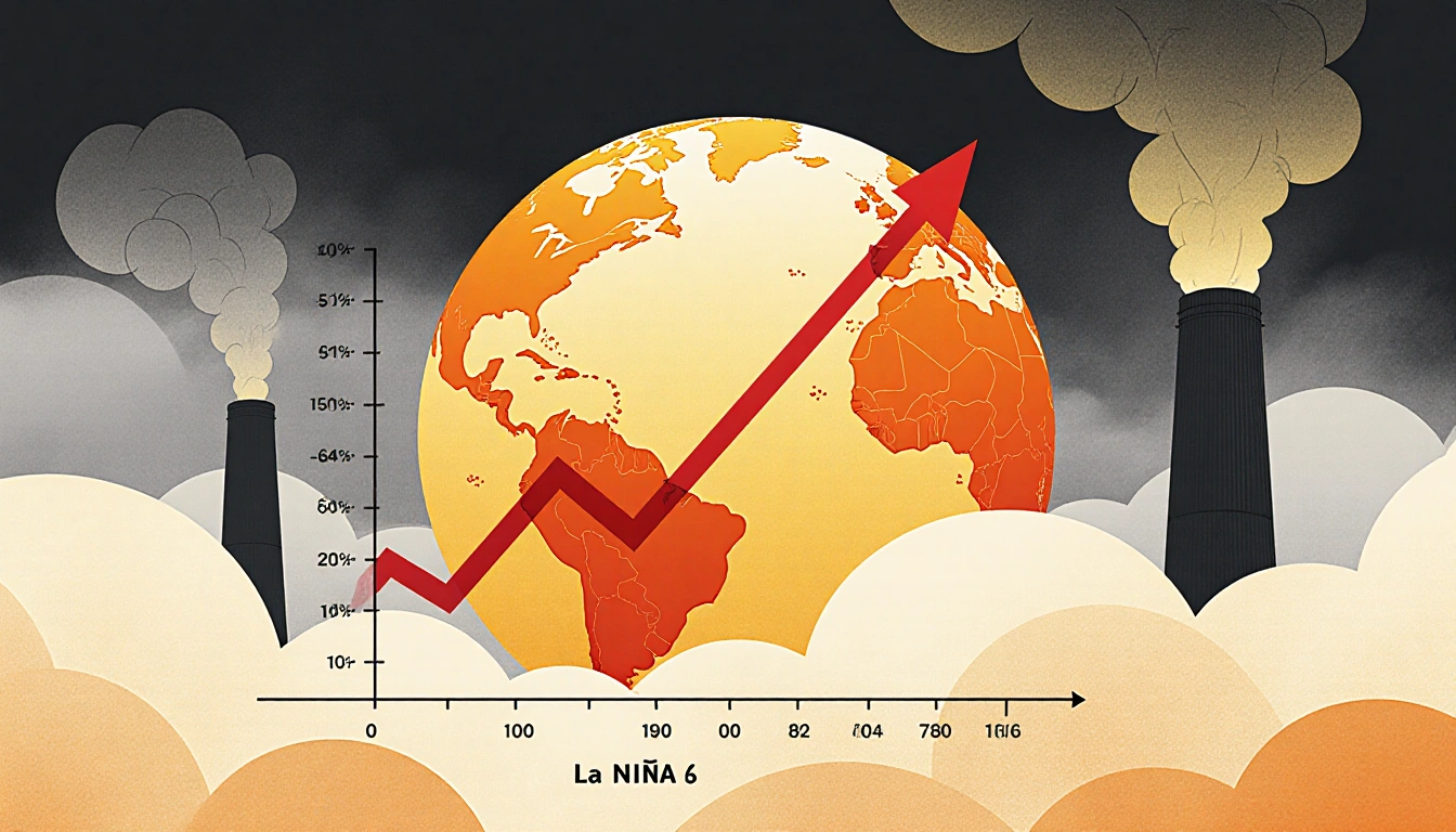 Stylized globe rising with red line showing global warming while smoke and gray clouds hint at pollution and climate change