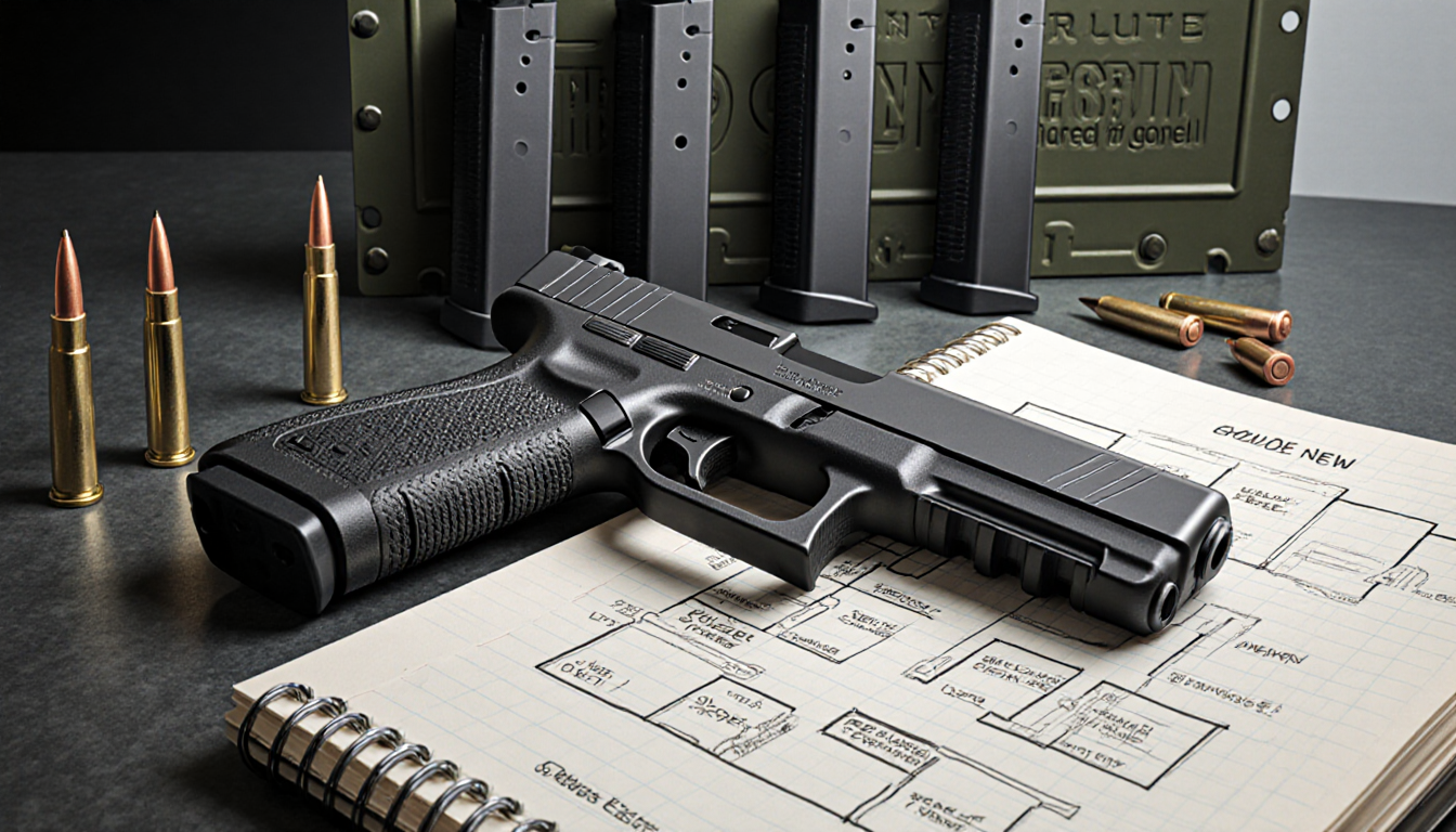 Glock .357 resting on table with three magazines beside a notebook showing floor plan and a ballistic plate in background.