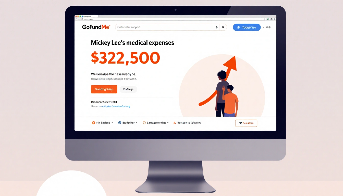 Computer screen shows GoFundMe donation page with arrow pointing up and faint portrait of Mickey Lee
