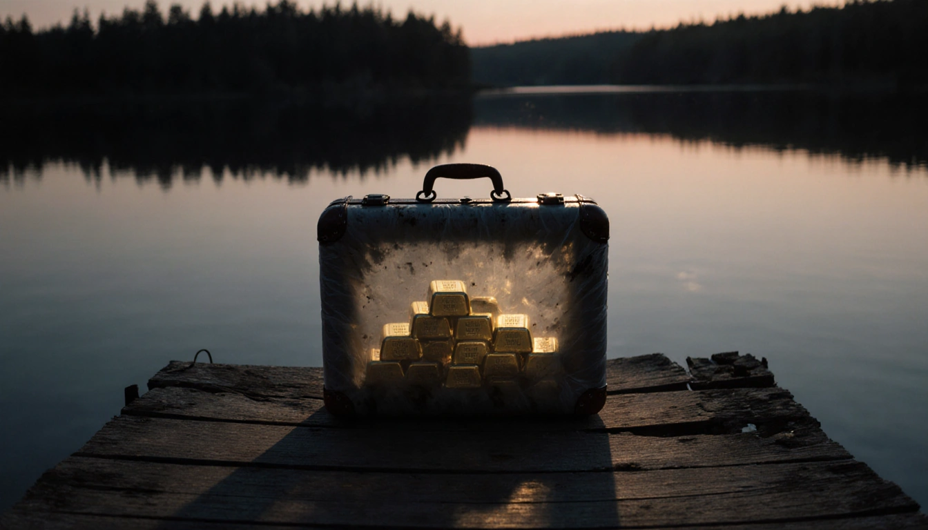 Weathered suitcase showing gold bars with long shadows across wooden dock at dusk near lake