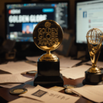 Golden Globe trophy gleaming with soft warm light next to podcast trophy amid scattered awards and papers